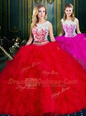 Scoop Tulle Sleeveless Floor Length Quinceanera Dress and Lace and Ruffles