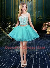 Flare Three Piece Scoop Floor Length Blue Quinceanera Dresses Tulle and Sequined Sleeveless Lace and Sequins