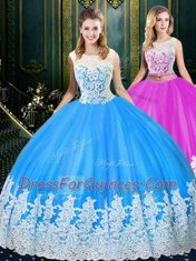 Discount Baby Blue Tulle Zipper Scoop Sleeveless Floor Length Ball Gown Prom Dress Lace and Appliques