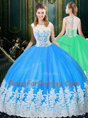Discount Baby Blue Tulle Zipper Scoop Sleeveless Floor Length Ball Gown Prom Dress Lace and Appliques