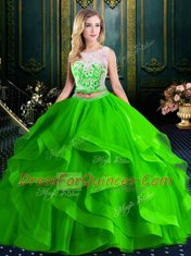 Free and Easy Scoop Zipper Ball Gown Prom Dress Lace and Ruffles Sleeveless With Brush Train