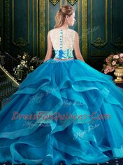 Free and Easy Scoop Zipper Ball Gown Prom Dress Lace and Ruffles Sleeveless With Brush Train