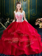 Square Red Ball Gowns Lace and Ruffles Quinceanera Dresses Zipper Tulle Sleeveless With Train