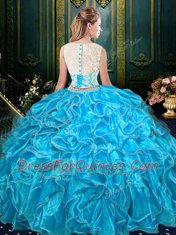 Baby Blue Two Pieces Scoop Sleeveless Organza Floor Length Zipper Lace and Ruffles 15th Birthday Dress
