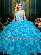Baby Blue Two Pieces Scoop Sleeveless Organza Floor Length Zipper Lace and Ruffles 15th Birthday Dress