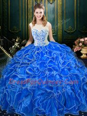 Dramatic Royal Blue Ball Gowns Organza Scoop Sleeveless Lace and Ruffles Floor Length Zipper Quince Ball Gowns