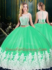 Dynamic Scoop Floor Length Two Pieces Sleeveless Apple Green Quinceanera Dresses Zipper
