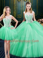 Noble Three Piece Scoop Apple Green Ball Gowns Lace and Pick Ups Quinceanera Dresses Lace Up Tulle Sleeveless Floor Length