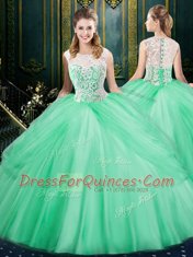 Noble Three Piece Scoop Apple Green Ball Gowns Lace and Pick Ups Quinceanera Dresses Lace Up Tulle Sleeveless Floor Length