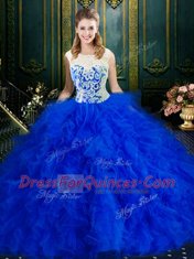 Scoop Royal Blue Sleeveless Lace and Ruffles Floor Length Quinceanera Dress