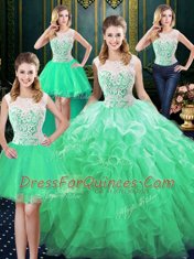 Stylish Four Piece Scoop Green Sleeveless Organza Zipper Quince Ball Gowns for Military Ball and Sweet 16 and Quinceanera