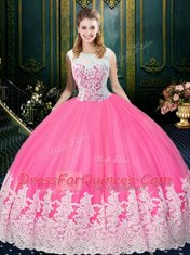 Scoop Sleeveless Tulle Floor Length Zipper Quinceanera Gown in Rose Pink with Lace and Appliques