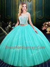 Blue Scoop Lace Up Lace and Sequins 15 Quinceanera Dress Sleeveless