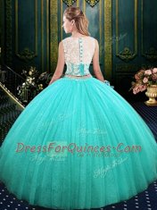 Blue Scoop Lace Up Lace and Sequins 15 Quinceanera Dress Sleeveless