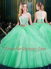 Eye-catching Scoop Sleeveless Tulle Floor Length Zipper Quinceanera Gown in Apple Green with Lace and Pick Ups