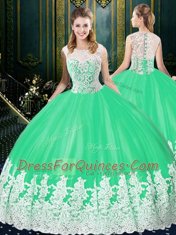 Delicate Scoop Floor Length Zipper Quinceanera Dresses Apple Green for Military Ball and Sweet 16 and Quinceanera with Lace and Appliques