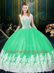 Delicate Scoop Floor Length Zipper Quinceanera Dresses Apple Green for Military Ball and Sweet 16 and Quinceanera with Lace and Appliques