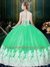 Delicate Scoop Floor Length Zipper Quinceanera Dresses Apple Green for Military Ball and Sweet 16 and Quinceanera with Lace and Appliques