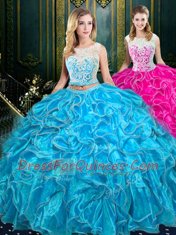 Decent Organza Scoop Sleeveless Zipper Lace and Ruffles Vestidos de Quinceanera in Baby Blue