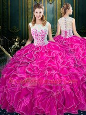 Decent Organza Scoop Sleeveless Zipper Lace and Ruffles Vestidos de Quinceanera in Baby Blue