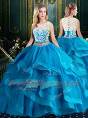Scoop Baby Blue Tulle Zipper Quinceanera Gowns Sleeveless With Brush Train Lace and Ruffles