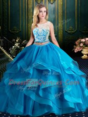 Scoop Baby Blue Tulle Zipper Quinceanera Gowns Sleeveless With Brush Train Lace and Ruffles