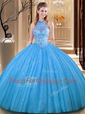 Baby Blue Sleeveless Floor Length Embroidery Backless Quinceanera Dress