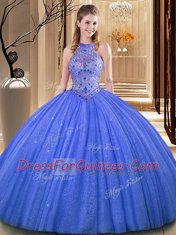 Baby Blue Sleeveless Floor Length Embroidery Backless Quinceanera Dress