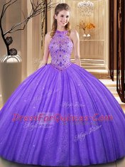 Baby Blue Sleeveless Floor Length Embroidery Backless Quinceanera Dress