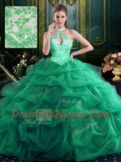 Free and Easy Halter Top Sleeveless Organza and Tulle Floor Length Lace Up 15th Birthday Dress in Dark Green with Beading and Ruffles and Pick Ups