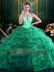 Free and Easy Halter Top Sleeveless Organza and Tulle Floor Length Lace Up 15th Birthday Dress in Dark Green with Beading and Ruffles and Pick Ups