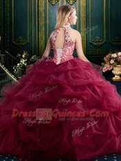 Free and Easy Halter Top Sleeveless Organza and Tulle Floor Length Lace Up 15th Birthday Dress in Dark Green with Beading and Ruffles and Pick Ups