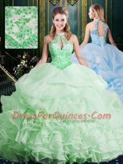 Stylish Pick Ups Halter Top Sleeveless Brush Train Lace Up Quinceanera Dresses Organza
