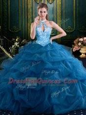 Elegant Halter Top Navy Blue Sleeveless Beading and Pick Ups Floor Length 15 Quinceanera Dress