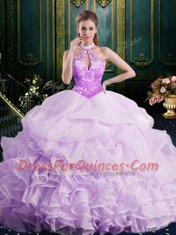 Halter Top Lavender Sleeveless Brush Train Beading and Lace and Appliques and Ruffles and Pick Ups Ball Gown Prom Dress