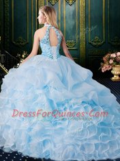 Halter Top Lavender Sleeveless Brush Train Beading and Lace and Appliques and Ruffles and Pick Ups Ball Gown Prom Dress