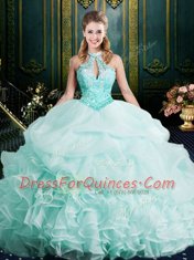 Custom Fit Halter Top Sleeveless Brush Train Clasp Handle Beading and Lace and Ruffles Quince Ball Gowns