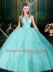 Halter Top Lavender Tulle Lace Up Quince Ball Gowns Sleeveless Floor Length Beading and Lace and Ruffles