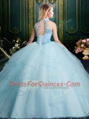 Halter Top Lavender Tulle Lace Up Quince Ball Gowns Sleeveless Floor Length Beading and Lace and Ruffles