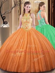 Smart Orange High-neck Neckline Embroidery and Hand Made Flower Vestidos de Quinceanera Sleeveless Backless