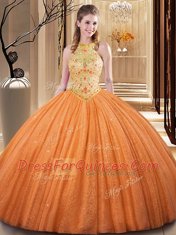 Smart Orange High-neck Neckline Embroidery and Hand Made Flower Vestidos de Quinceanera Sleeveless Backless