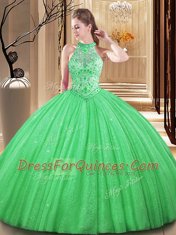 Smart Orange High-neck Neckline Embroidery and Hand Made Flower Vestidos de Quinceanera Sleeveless Backless