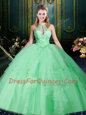 Modest Ball Gowns 15 Quinceanera Dress Apple Green Halter Top Tulle Sleeveless Floor Length Lace Up