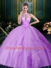 Modest Ball Gowns 15 Quinceanera Dress Apple Green Halter Top Tulle Sleeveless Floor Length Lace Up