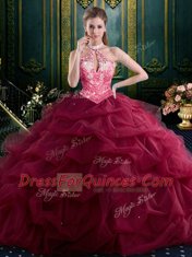 Romantic Halter Top Sleeveless Beading and Ruffles and Pick Ups Lace Up Vestidos de Quinceanera