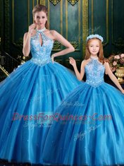 Hot Selling Halter Top Baby Blue Ball Gowns Tulle High-neck Sleeveless Beading and Appliques Floor Length Lace Up Quinceanera Dresses