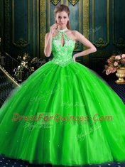 Halter Top Sleeveless Tulle Ball Gown Prom Dress Beading Lace Up