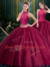 Trendy Burgundy High-neck Lace Up Beading and Lace Quince Ball Gowns Sleeveless
