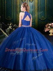 Trendy Burgundy High-neck Lace Up Beading and Lace Quince Ball Gowns Sleeveless