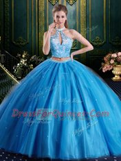 Halter Top Floor Length Baby Blue Quinceanera Dresses Tulle Sleeveless Beading and Lace and Appliques